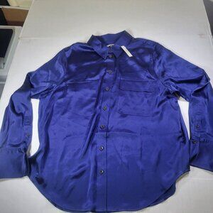 Madewell Women Blue Silk Professional Shirt Long Sleeve Button-Up Size XL
